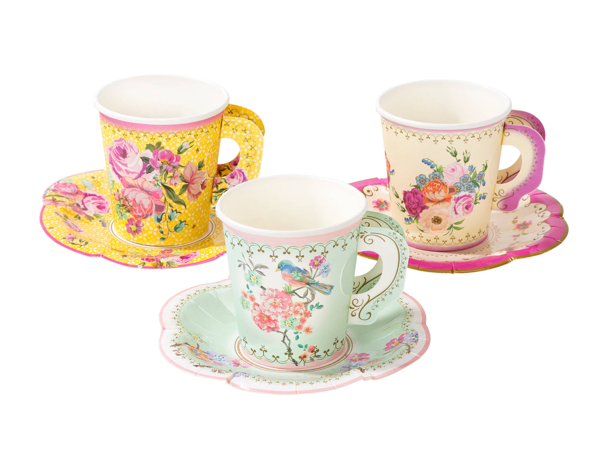 Talking Tables USA - Vintage Teacups and Saucers Set | 12 Pack | Tea Party |