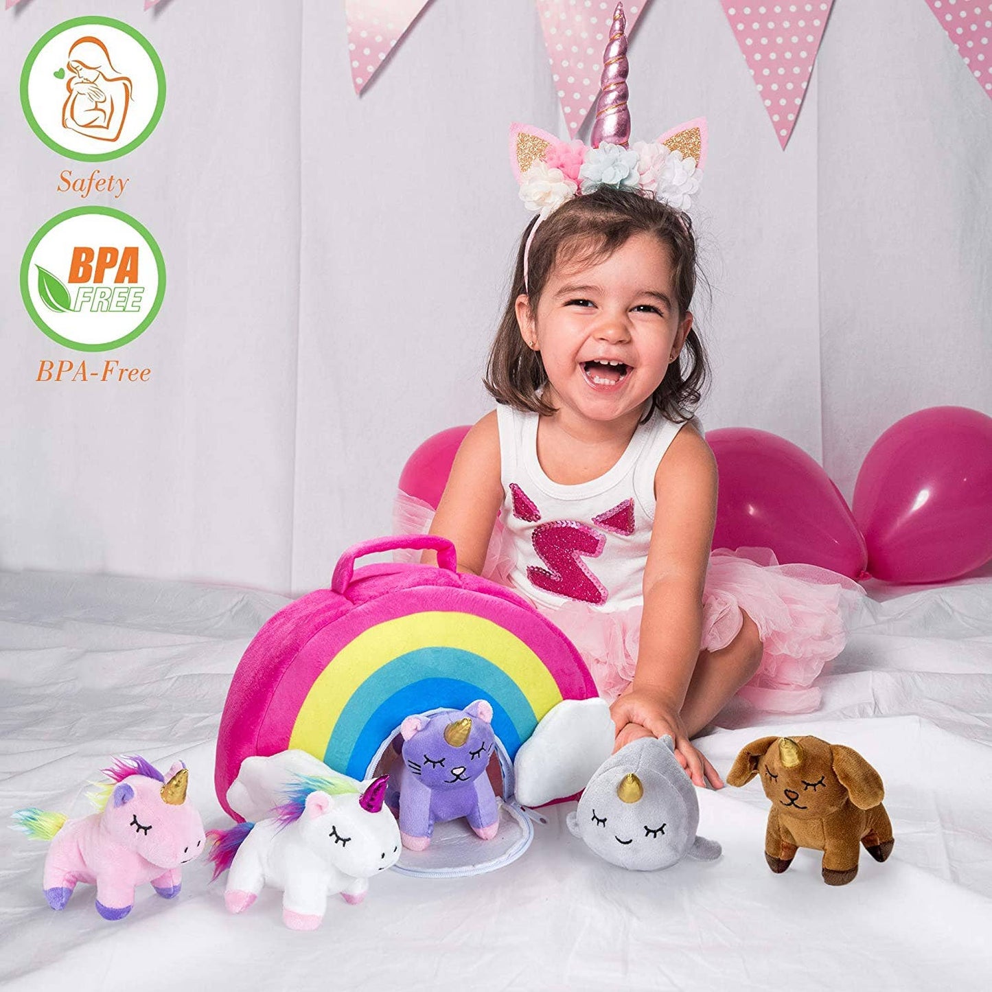 5-Piece Stuffed Unicorn Toy Set with To Carry Unicorn Bag