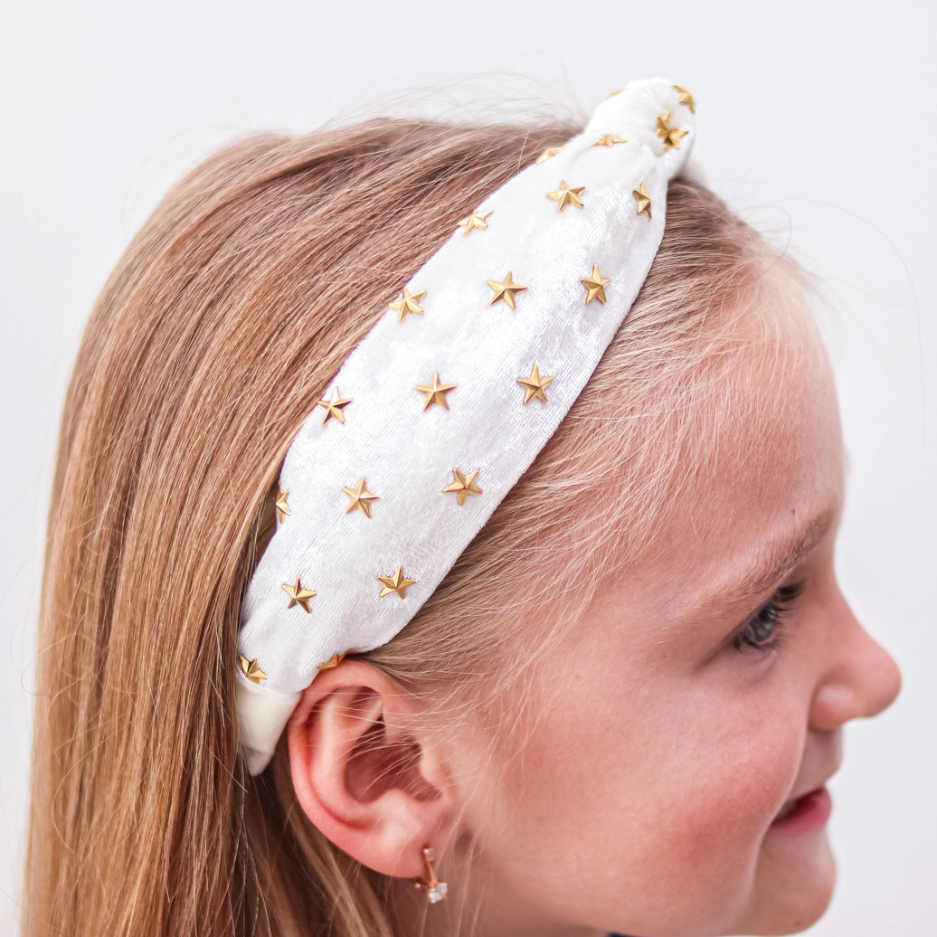Frog Sac - Kids Knot Headband - White Star Stud Velvet Hair Accessories