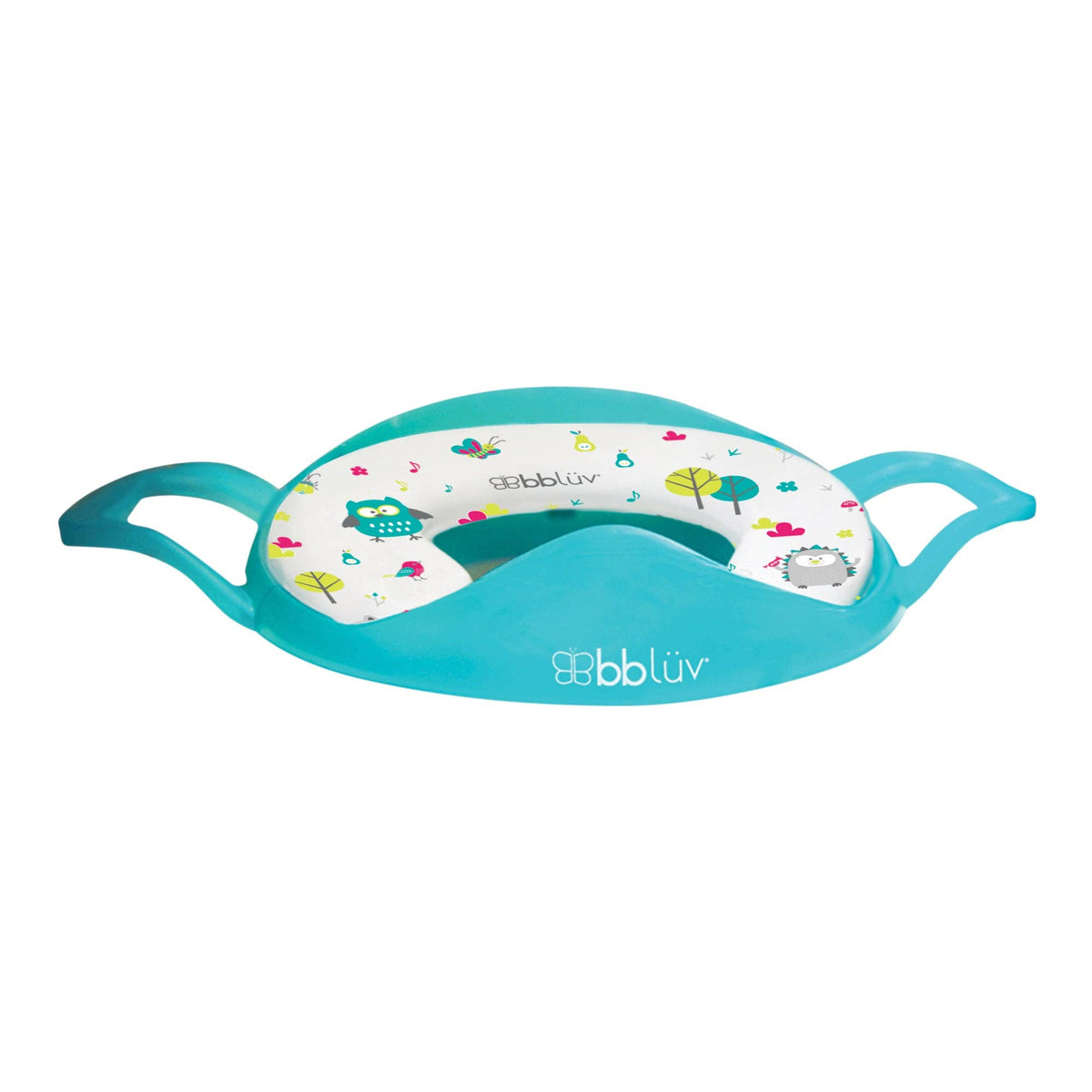 Turquoise baby potty seat with colorful design on a white background