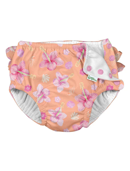 iPlay Ruffle Snap Swim Diaper — Coral Hibiscus, children's swimwear