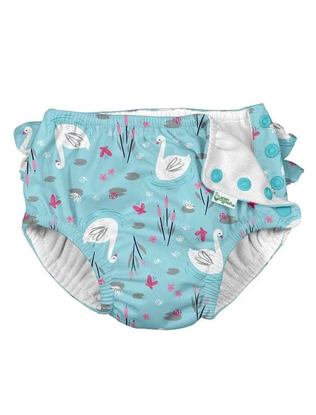 iPlay Ruffle Snap Swim Diaper — Light Aqua Swan, children's swimwear