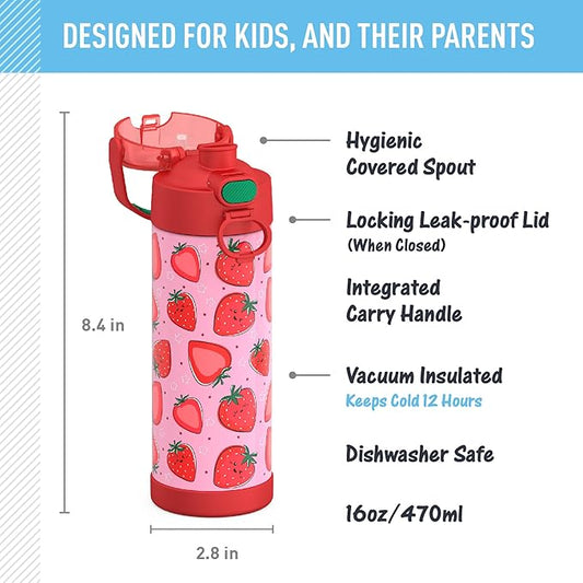 Thermos - 470ml FUNtainer Water Bottle with Spout and Locking Lid, Strawberry Smiles