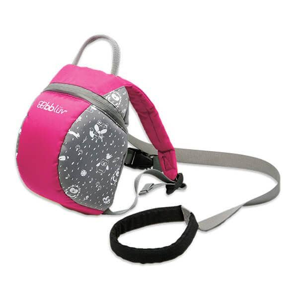 Pink and gray backpack with leash on a white background