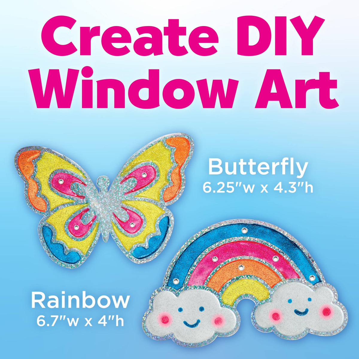Butterfly and rainbow window art with text on a blue background