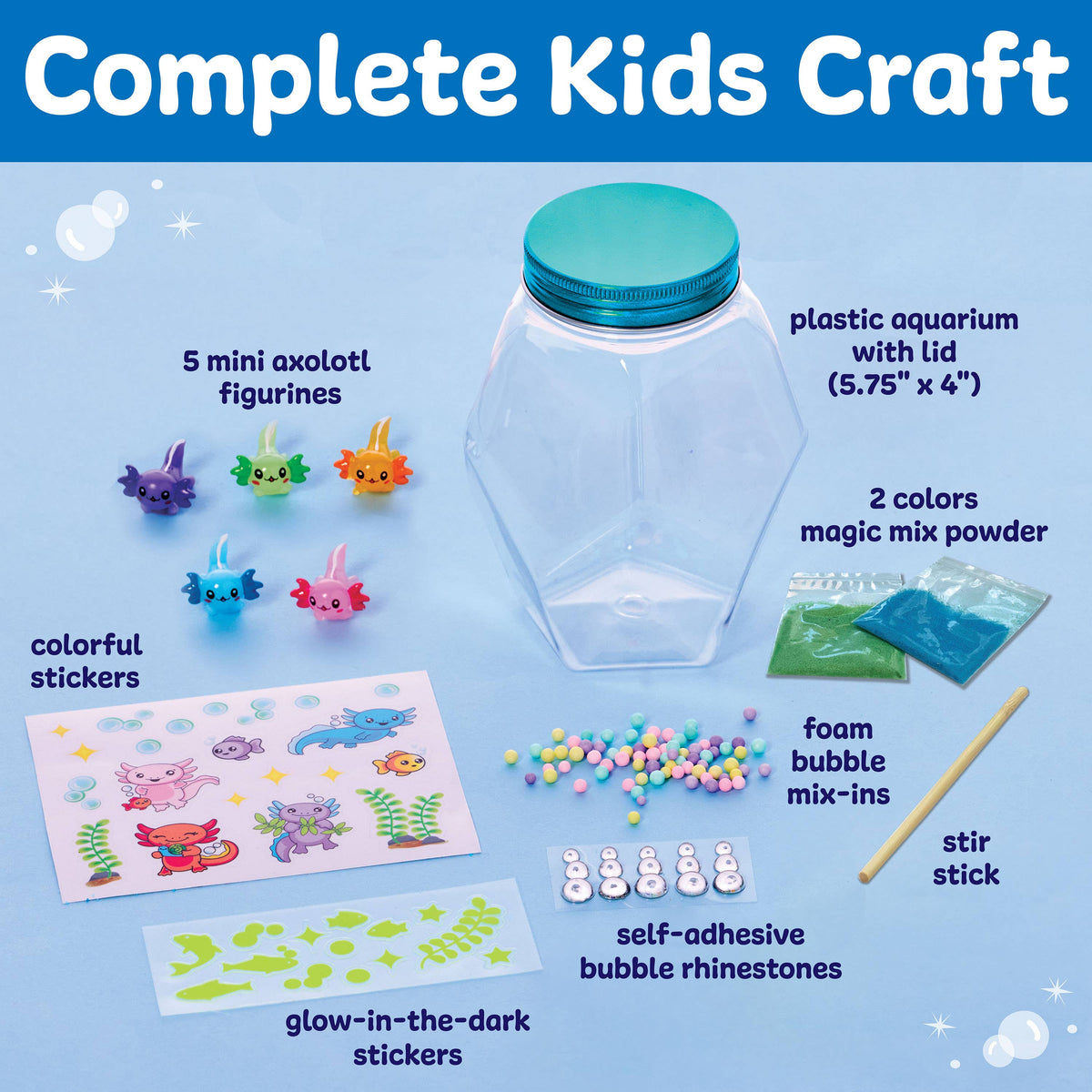 Children's craft kit with plastic aquarium, axolotl figurines, and various craft supplies on a blue background.