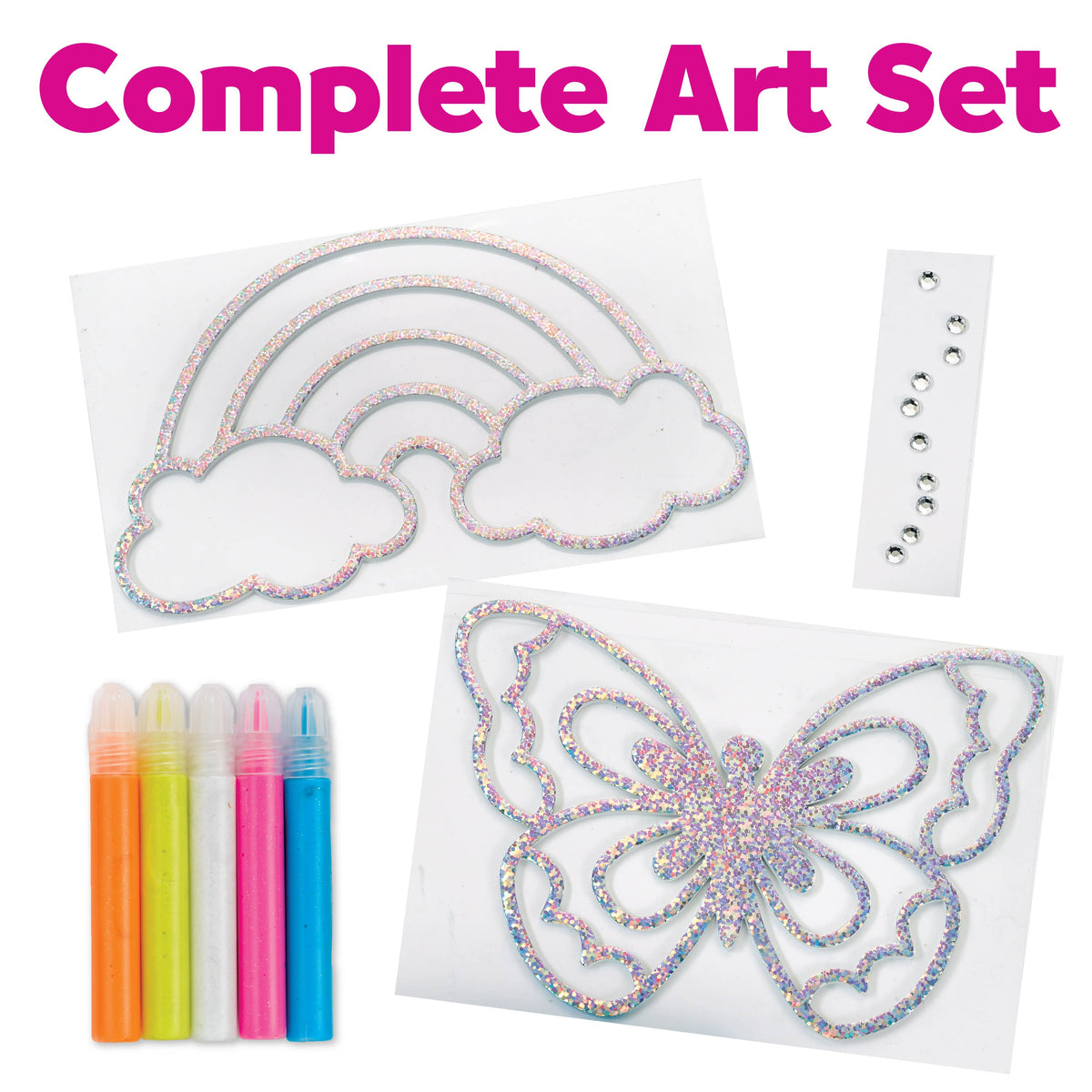 Complete art set with glittery rainbow, cloud, and butterfly designs, along with colorful paints.