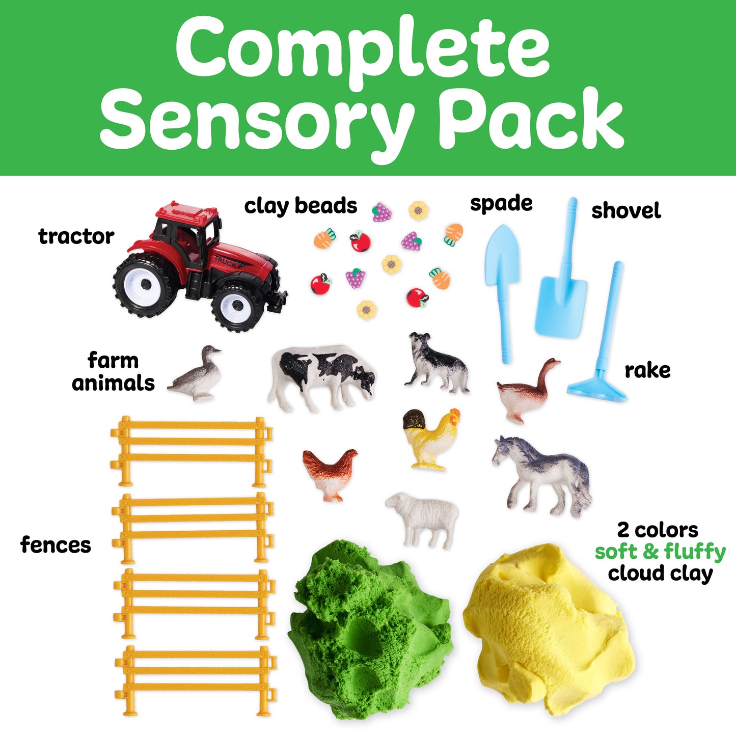 Complete sensory pack with toys and materials on a green background