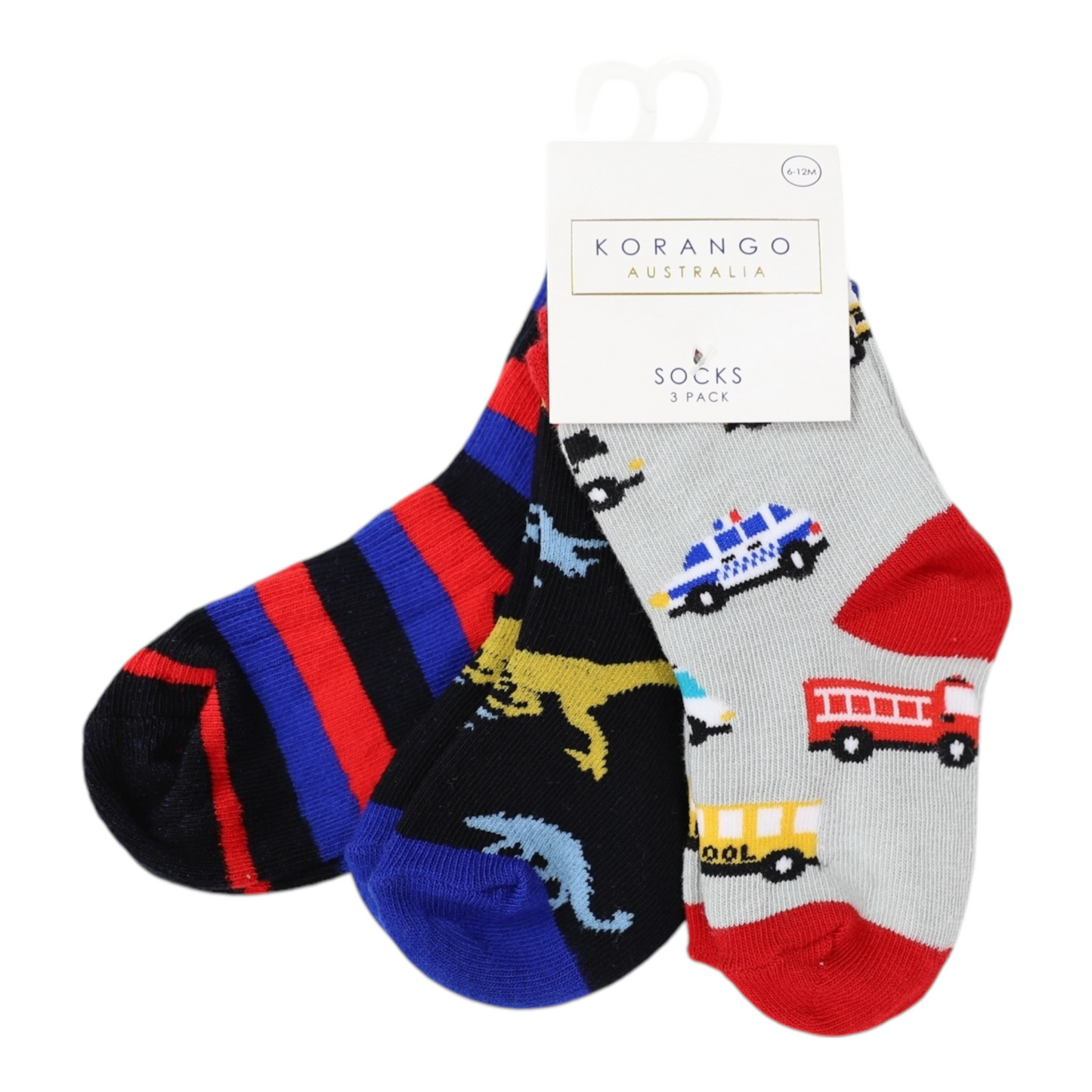 Korango - Cars & Dinosaur Socks 3pk Assorted