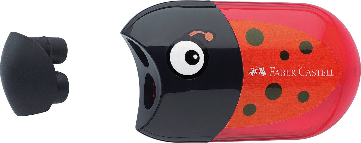 Faber-Castell ladybug-shaped pencil sharpener with a black and red design.