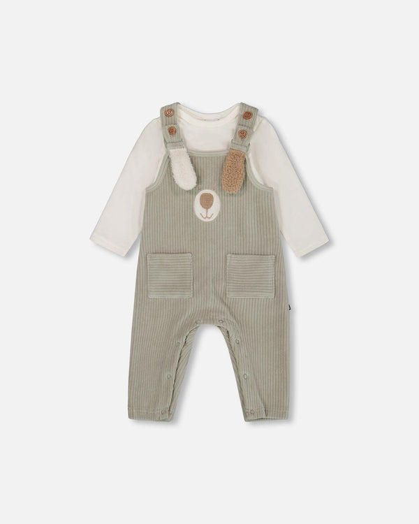 Deux par Deux - Onesie and Stretchy Corduroy Overalls Set - Jade Green