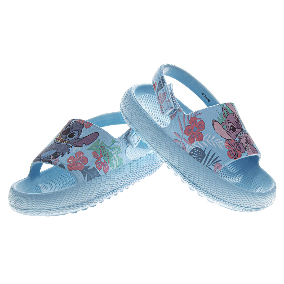Pair of blue children's sandals with cartoon character design on a white background