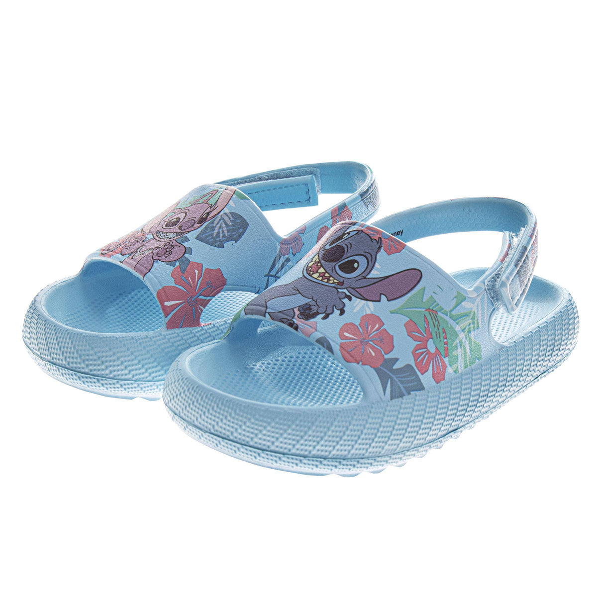 Pair of light blue sandals with cartoon character design on a white background