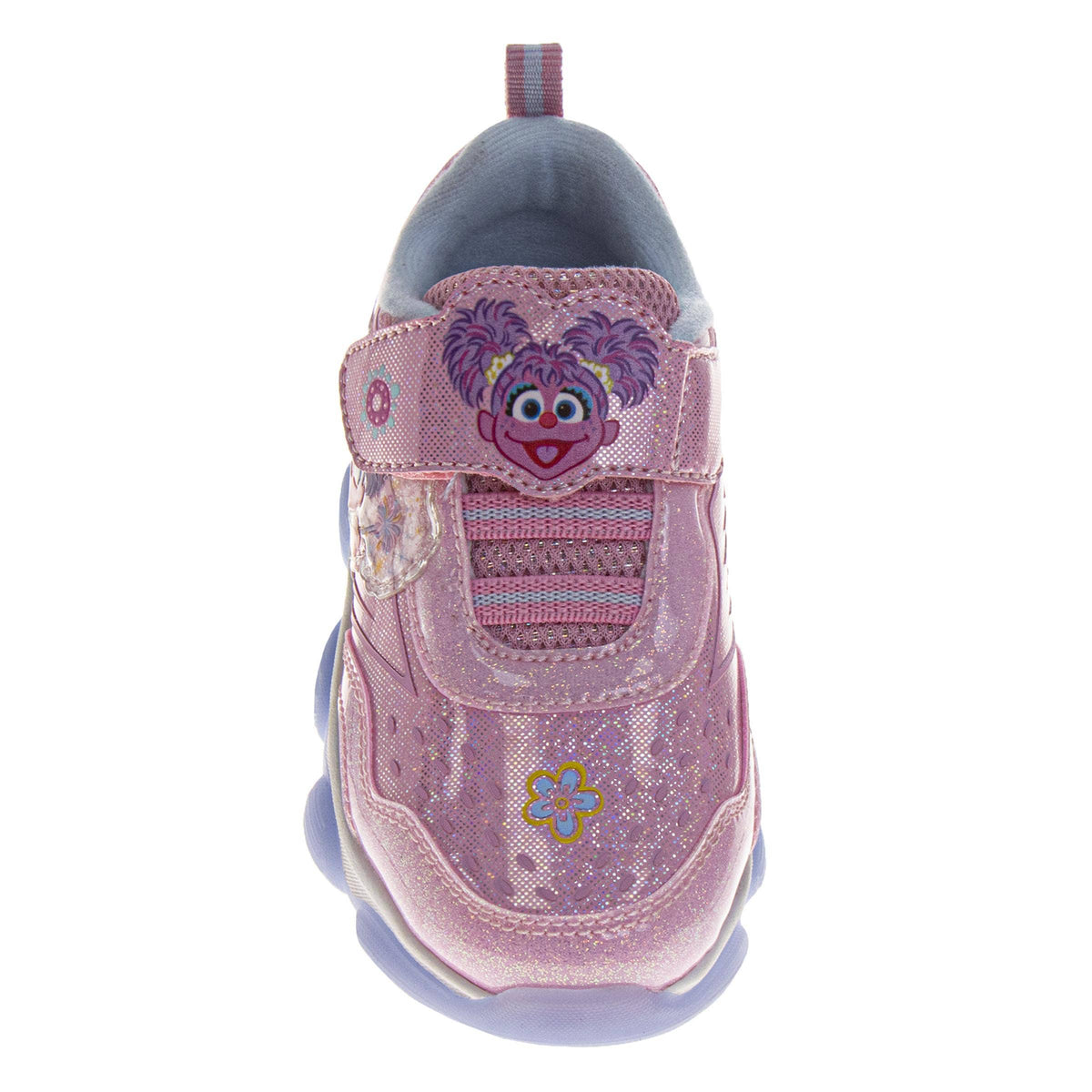 Pink children's shoe with character design on a white background