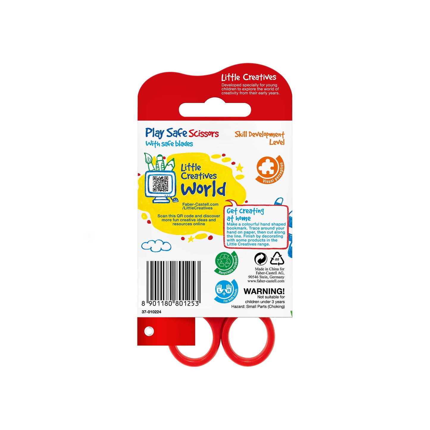 Red children's scissors with packaging labeled 'Little Creatives' on a white background