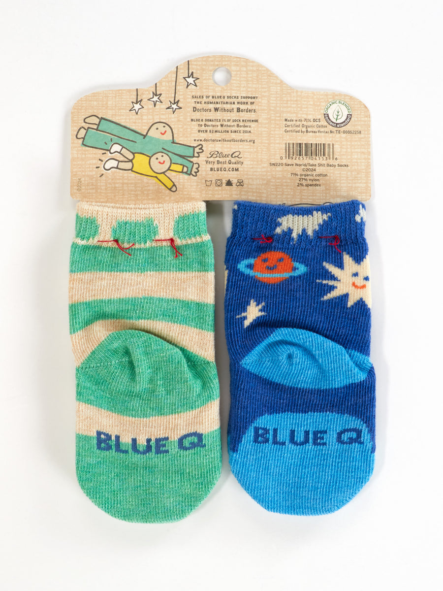 Blue Q - Might Save The World/ Where's A Good Place To Take A Sh*t Around Here? Baby Socks (0-12M)