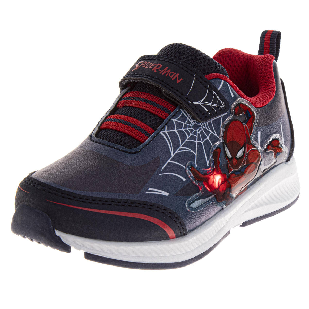 Spider-Man themed children's shoe with red and black accents on a white background