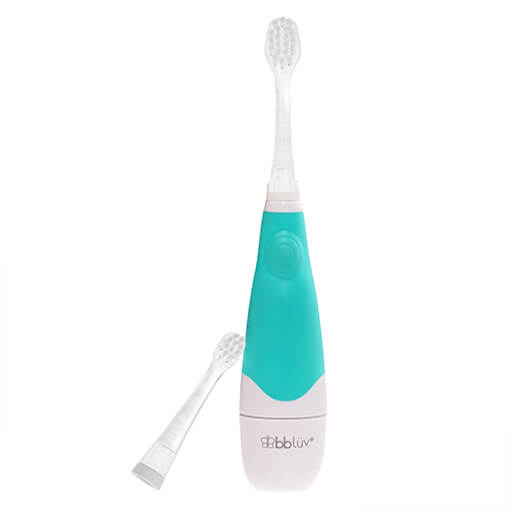 Teal and white children's toothbrush with a separate brush head on a white background