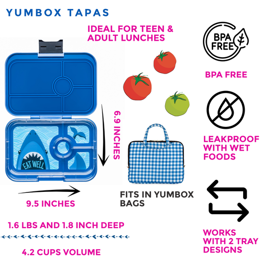 Yumbox - Leakproof Yumbox Tapas Bento Lunch Box - Monte Carlo Blue - 4 Compartment with Shark Tray