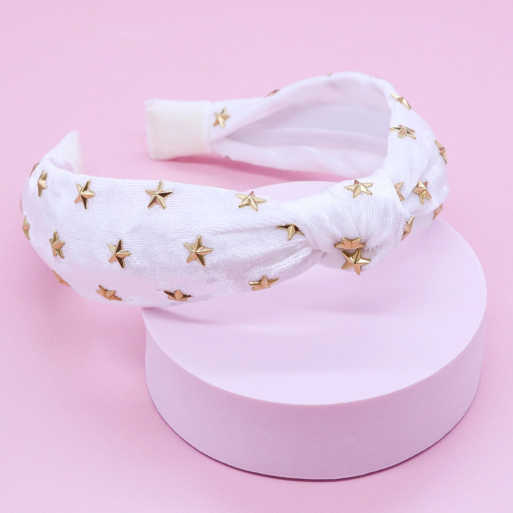 Frog Sac Kids Knot Headband, White Star Stud Velvet Hair Accessories