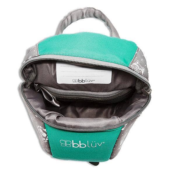 Backpack with teal and gray design, featuring the bbluv brand on a white background.