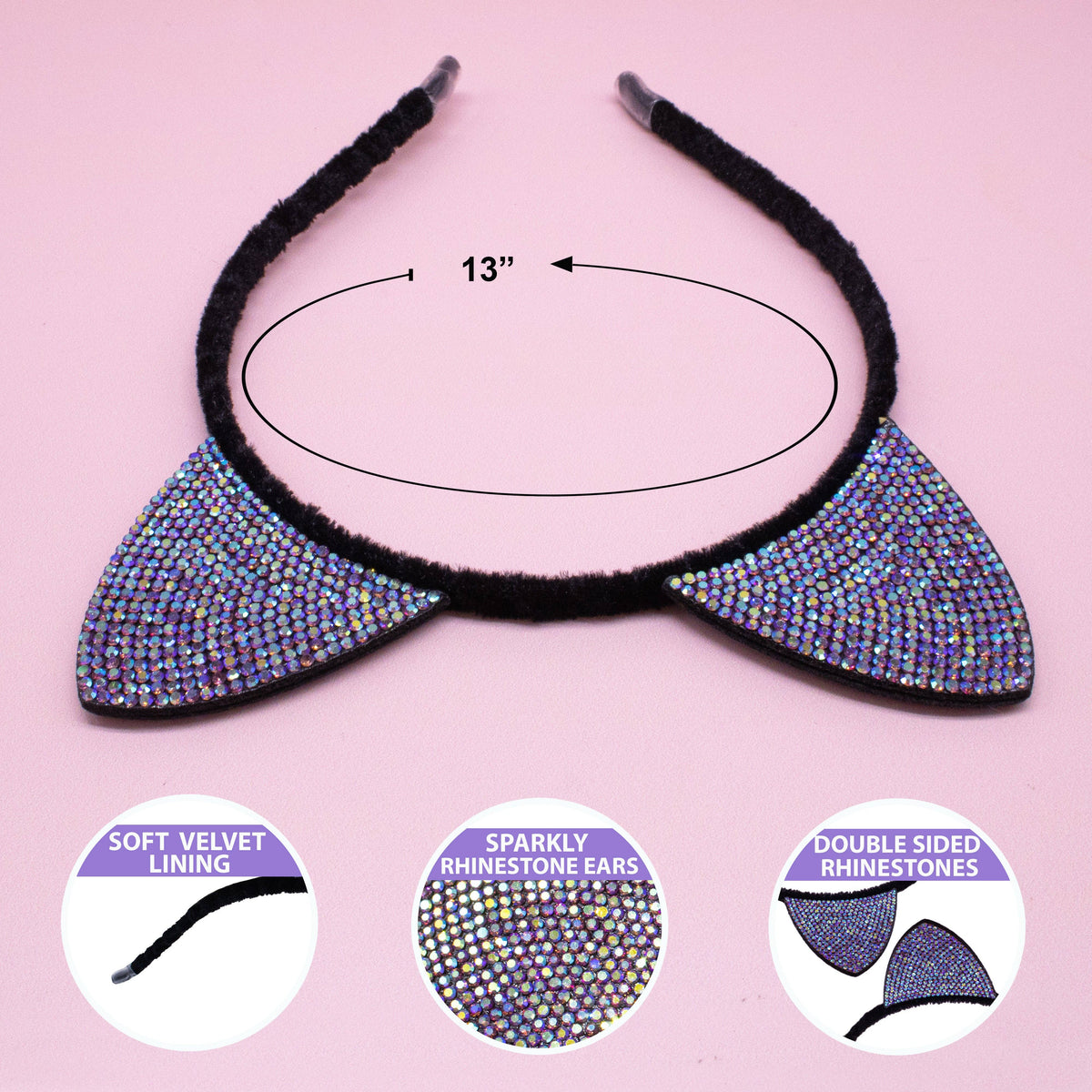 Frog Sac Cat Ears Headband, Kids Dual Sided Rhinestone Hairband