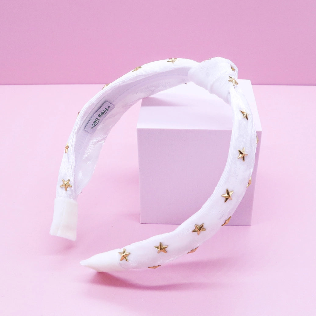 Frog Sac Kids Knot Headband, White Star Stud Velvet Hair Accessories