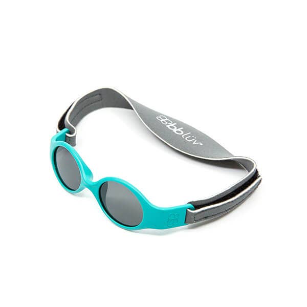 Teal sunglasses with gray frame and 'bbluv' branding on a white background