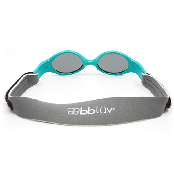 Teal sunglasses with gray strap on a white background, featuring the bbluv brand.
