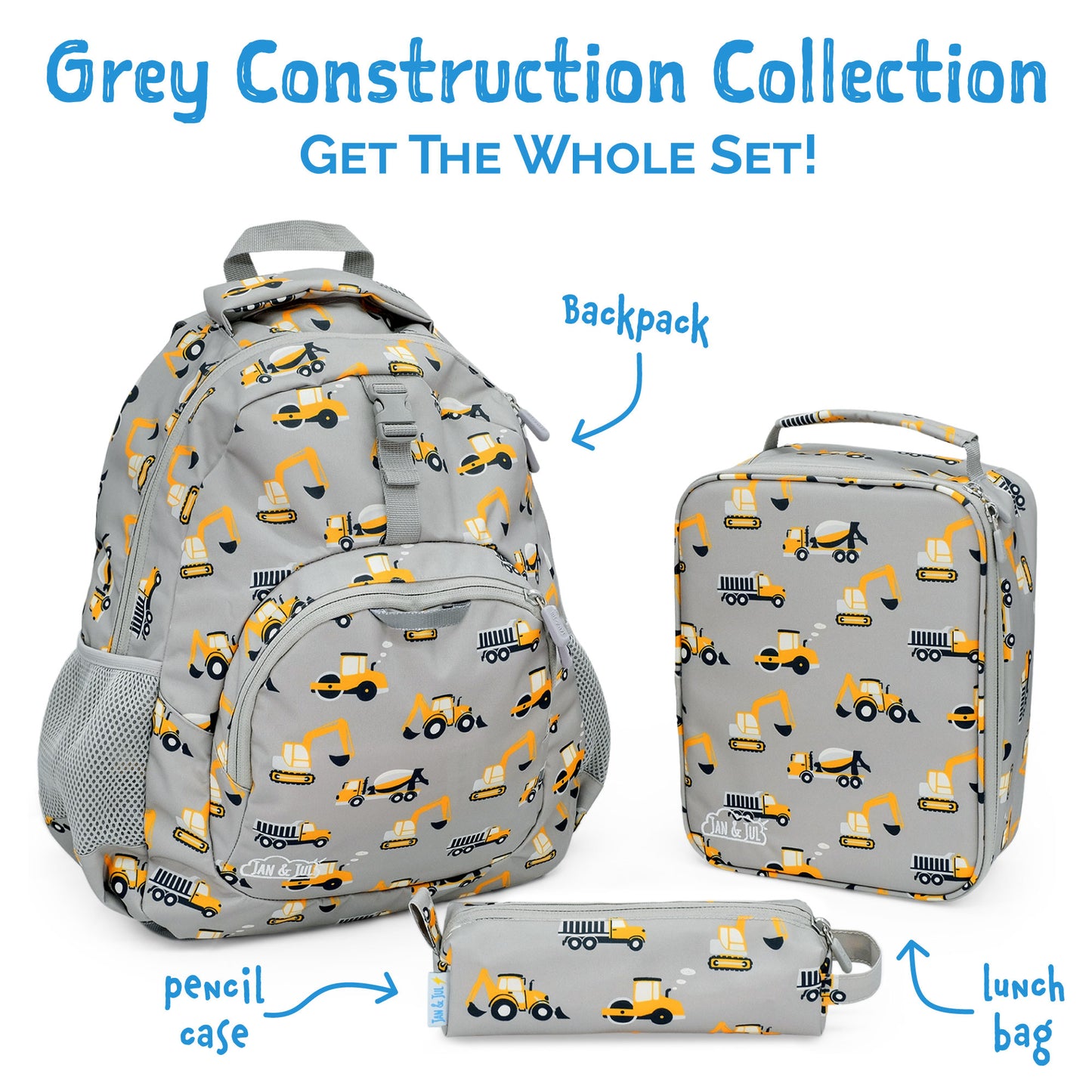 Jan & Jul - Kids Lunch Bag - Grey Construction