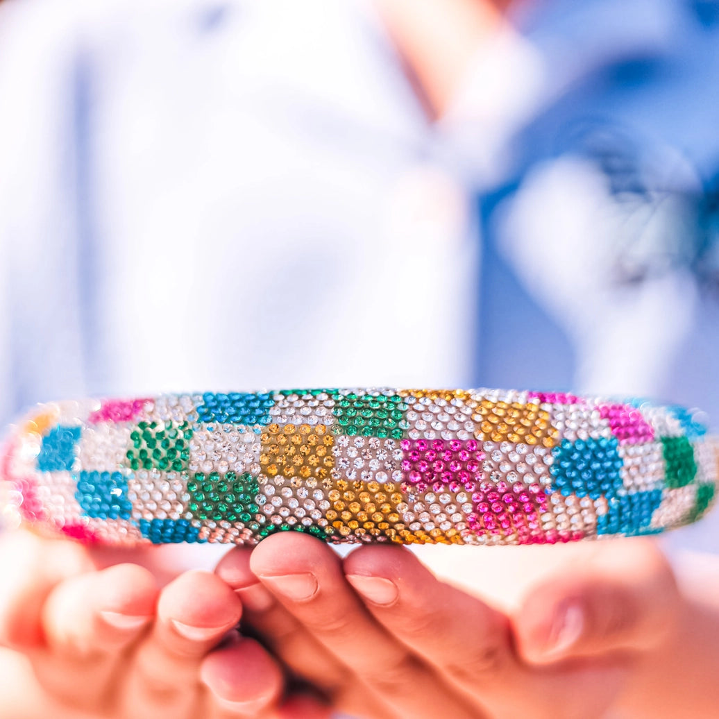 Frog Sac - Rhinestone Headband - Padded Rainbow Checkerboard Hair Band