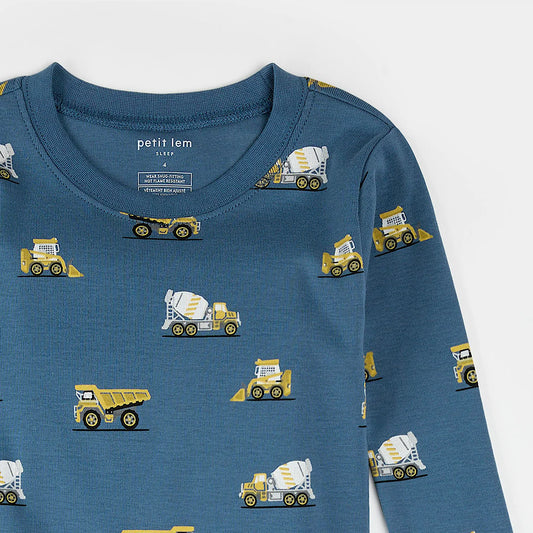 Petit Lem - Construction Truck Print on Cobalt Blue PJ Set