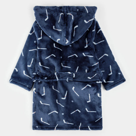 Petit Lem - Hockey Sticks Print on Navy Blue Plush Robe