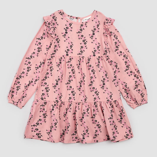 Miles the Label Floral Vines Print on Pink Viscose Woven Tiered Dress