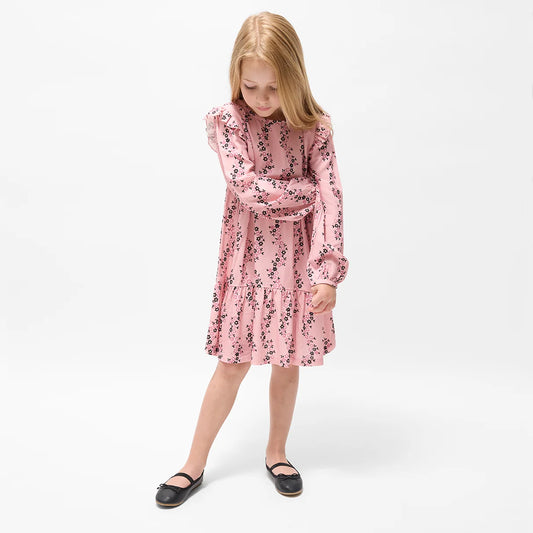 Miles the Label Floral Vines Print on Pink Viscose Woven Tiered Dress