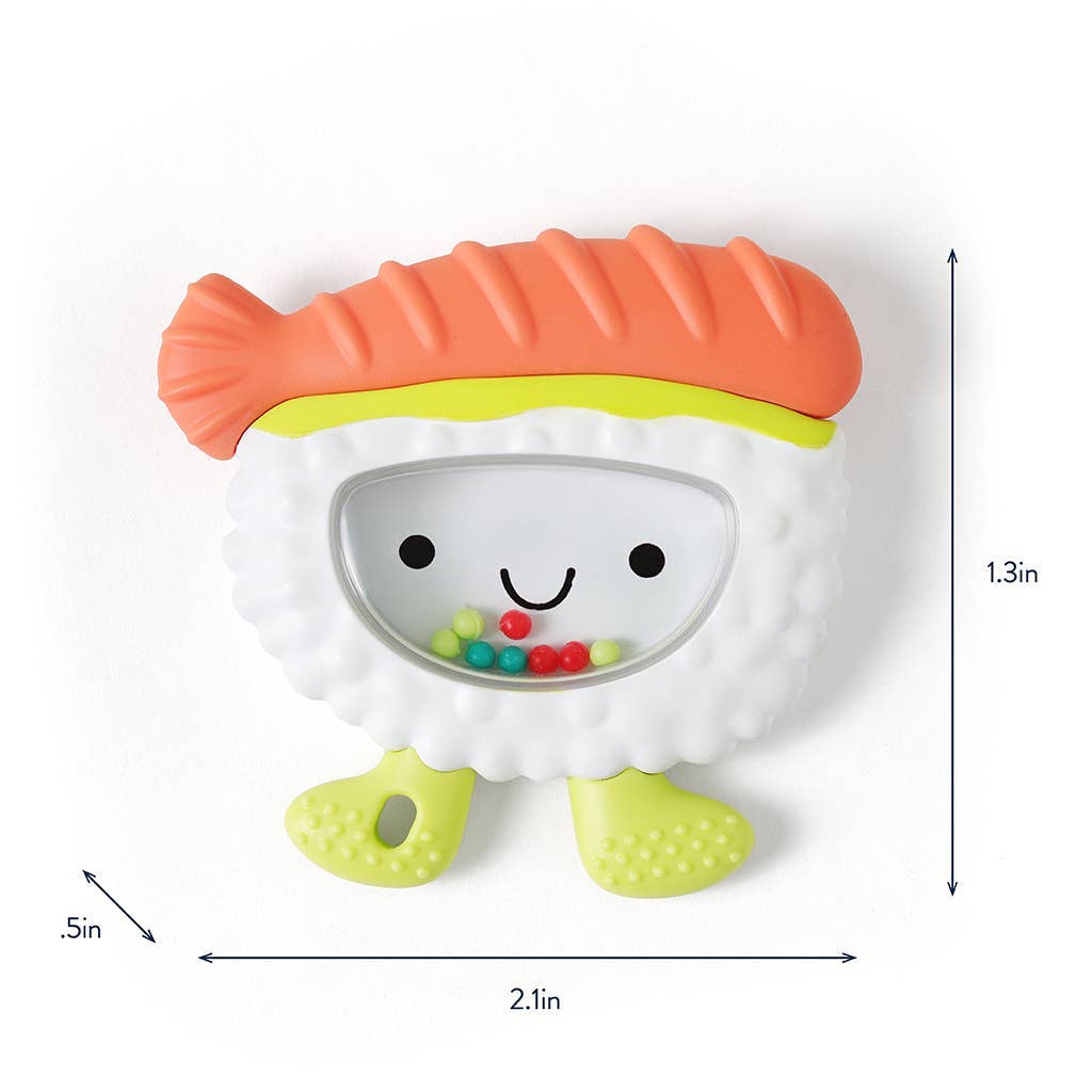 Sushi-shaped teething toy with measurements on a white background