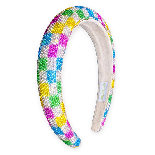 Frog Sac - Rhinestone Headband - Padded Rainbow Checkerboard Hair Band