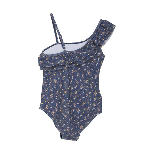 Color Kids 1 pc Swimsuit Asymmetrical Blue Micro Flowers with Ruffles - 6Y