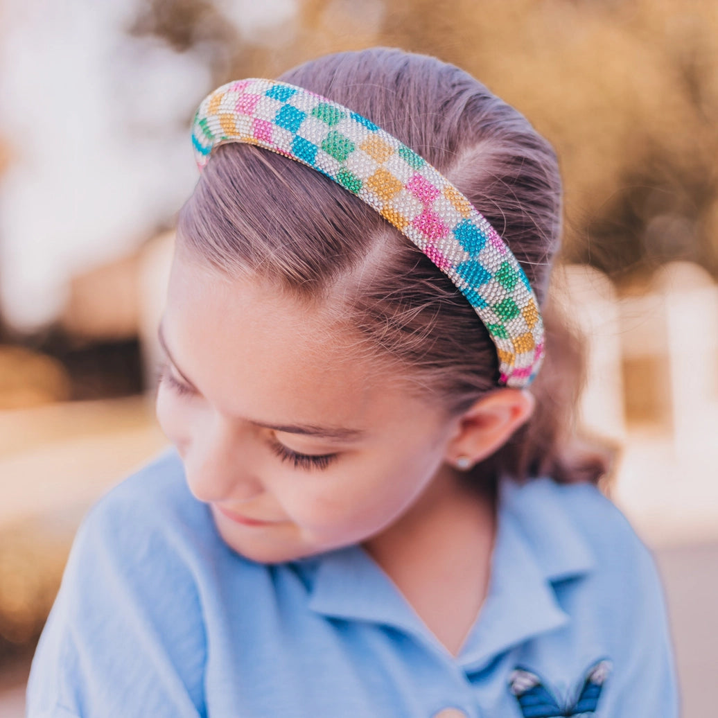 Frog Sac - Rhinestone Headband - Padded Rainbow Checkerboard Hair Band