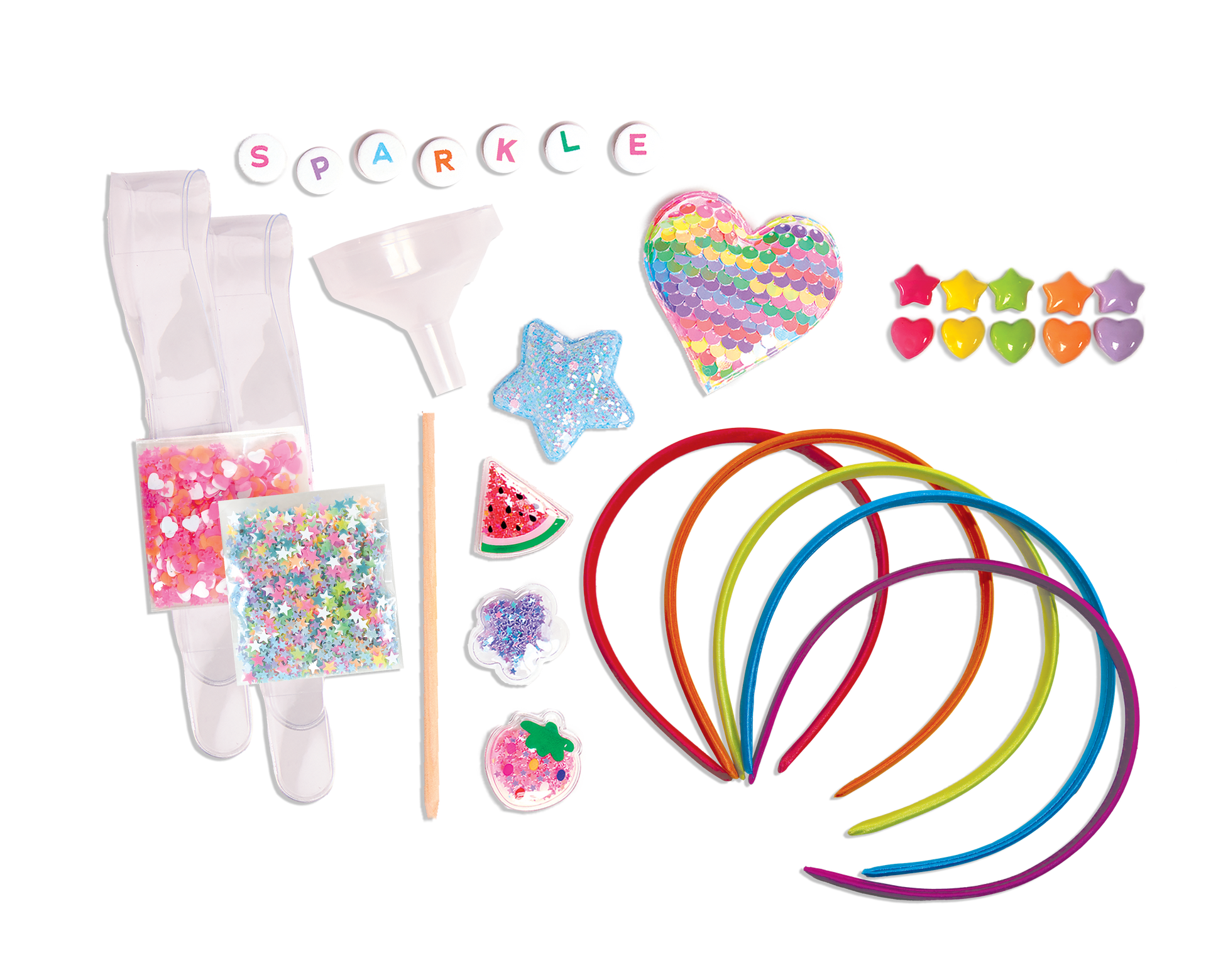 Assorted children's accessories including headbands, socks, and decorative items on a white background.