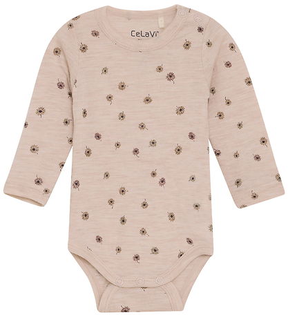Celavi - Bodysuit Wool Rose Dust w. Flowers - 3M