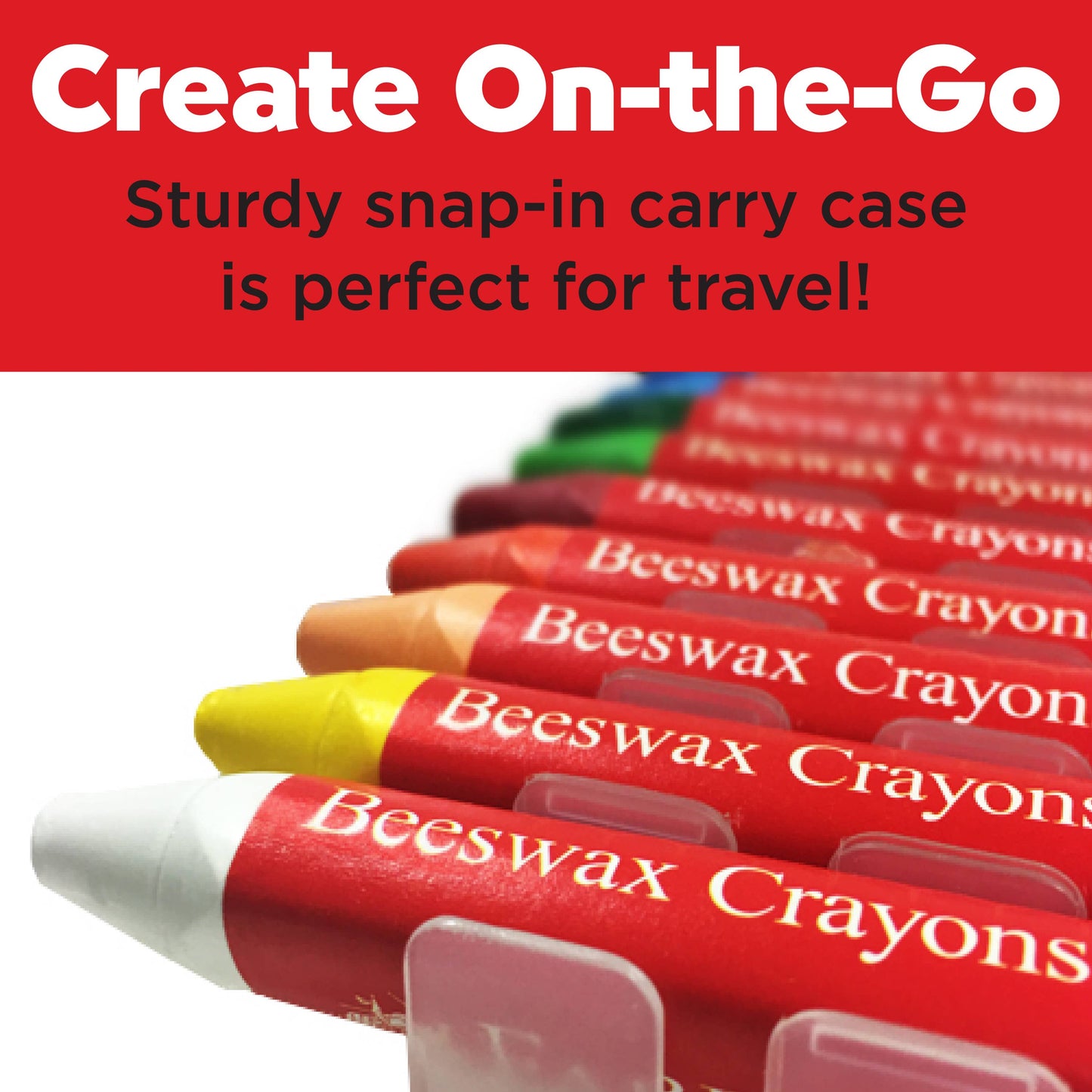 Beeswax crayons with text about a sturdy snap-in carry case on a red background