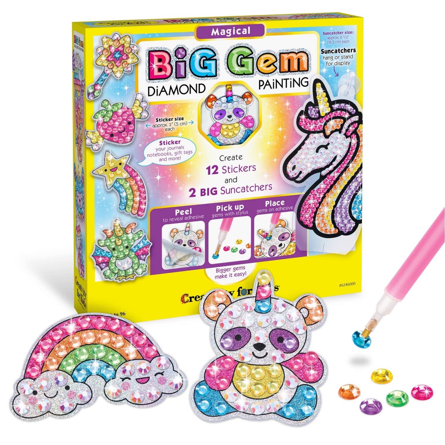 Big Gem Diamond Painting kit with packaging, stickers, and a paintbrush on a white background