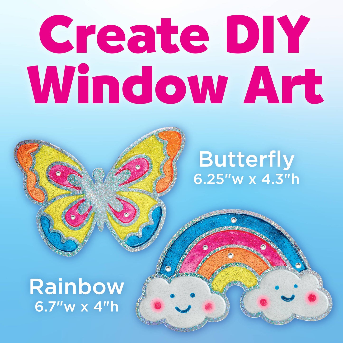 Butterfly and rainbow window art with text on a blue background