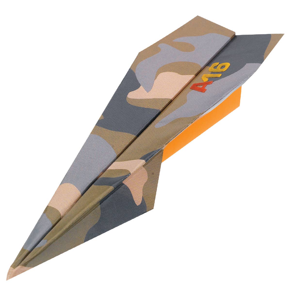 Camouflage-patterned paper airplane with 'A18' marking on a white background