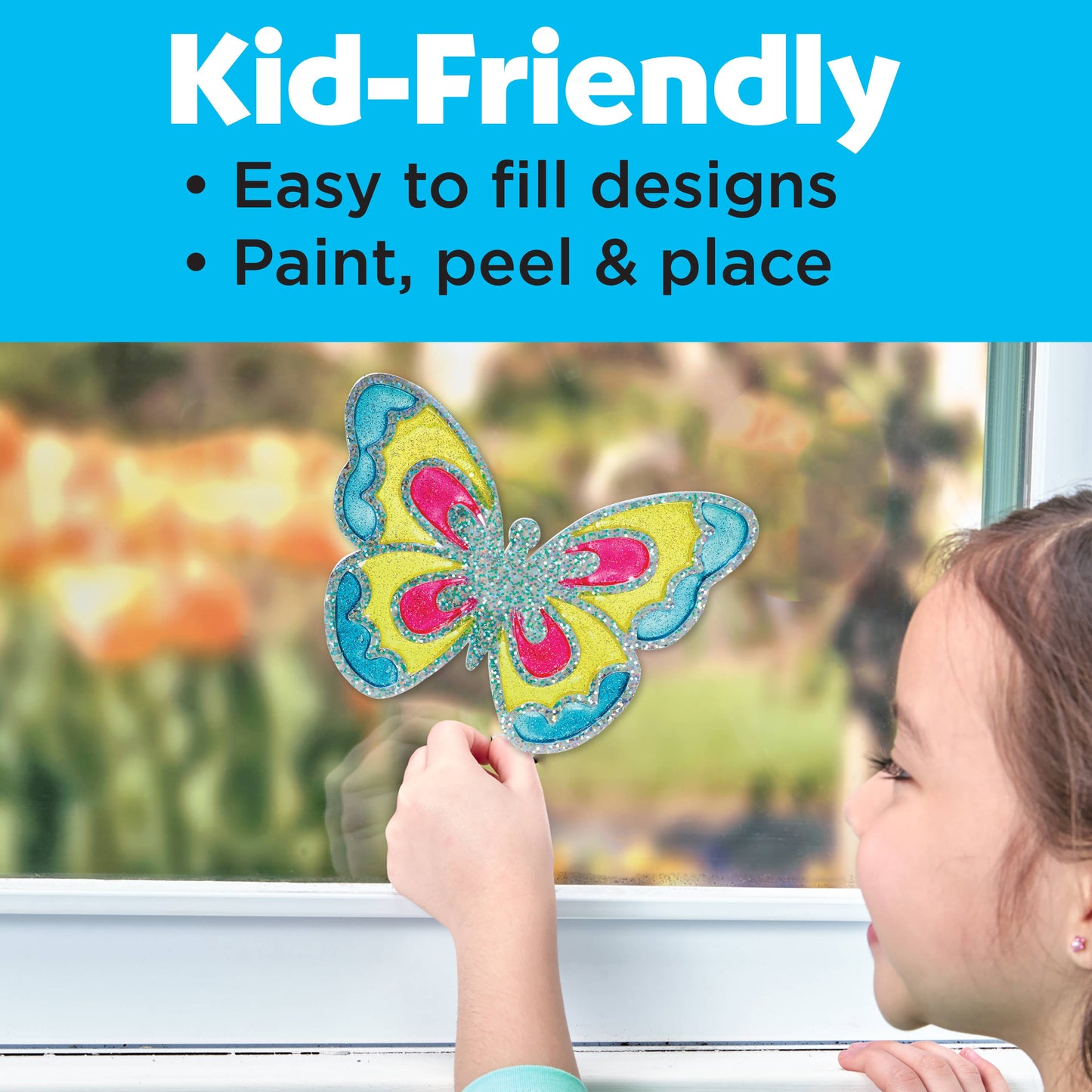Child holding a colorful butterfly window sticker with text about its features.