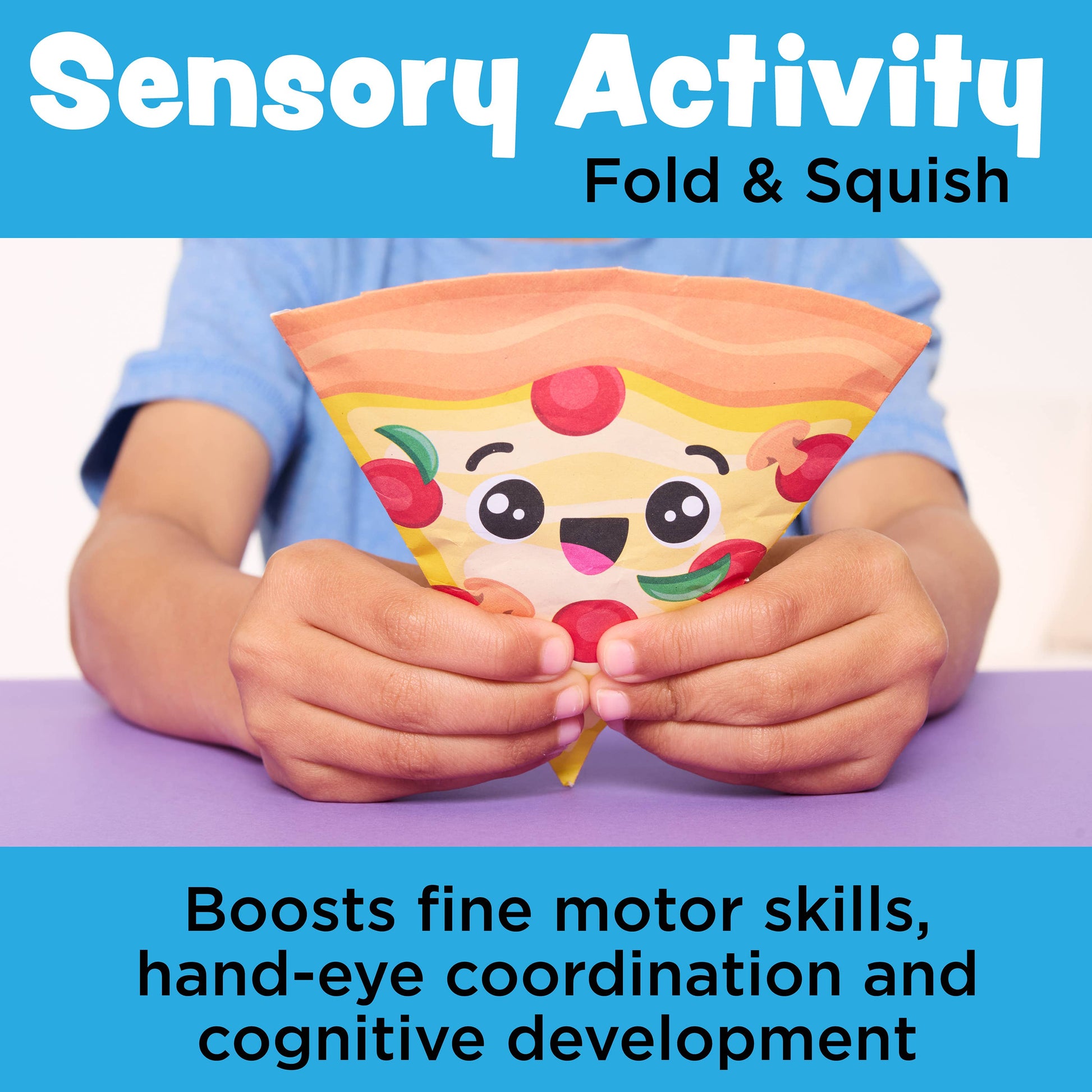 Child holding a colorful paper pizza slice with cartoon face, text about sensory activity benefits.