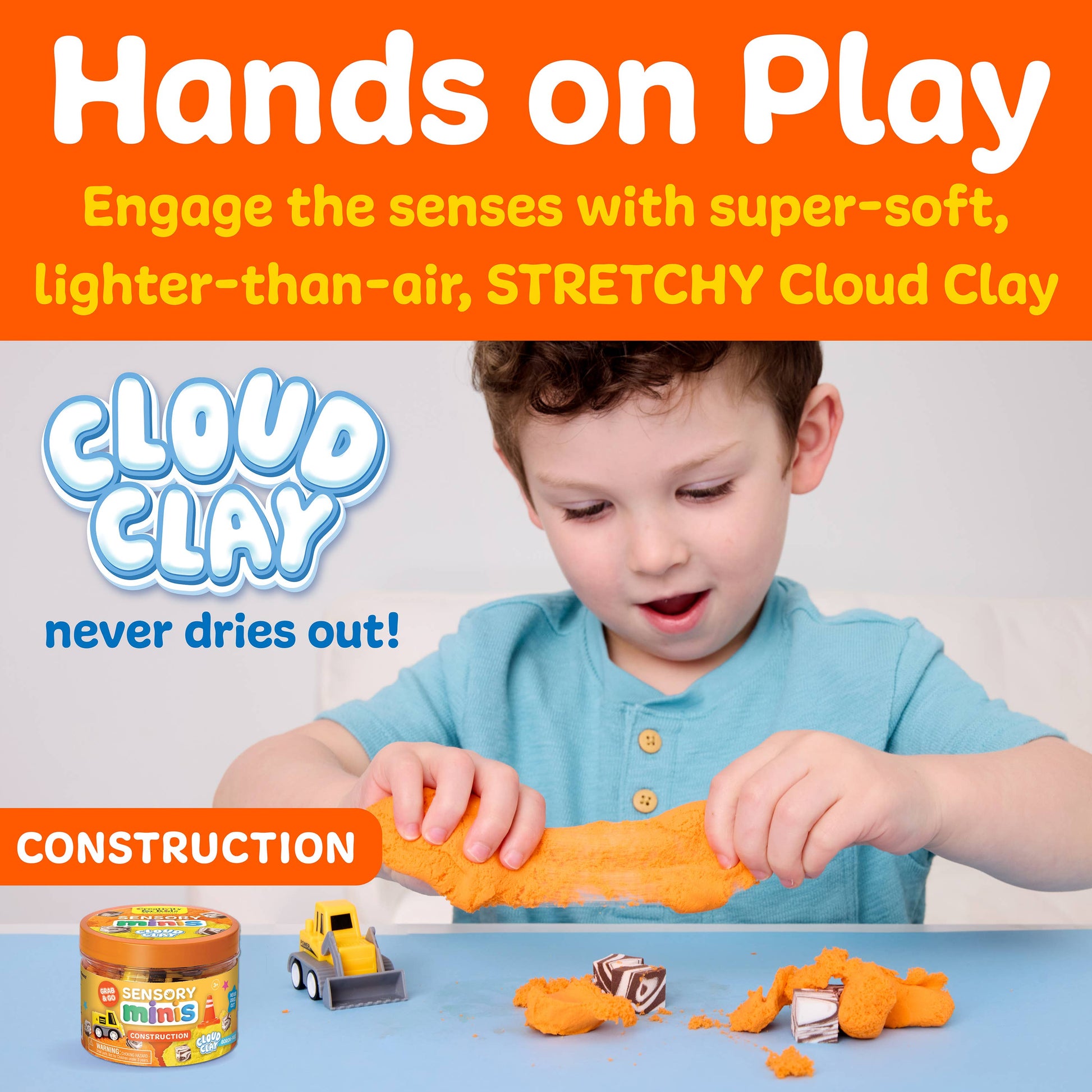 Child playing with Cloud Clay, a super-soft, lighter-than-air material, on a white background.