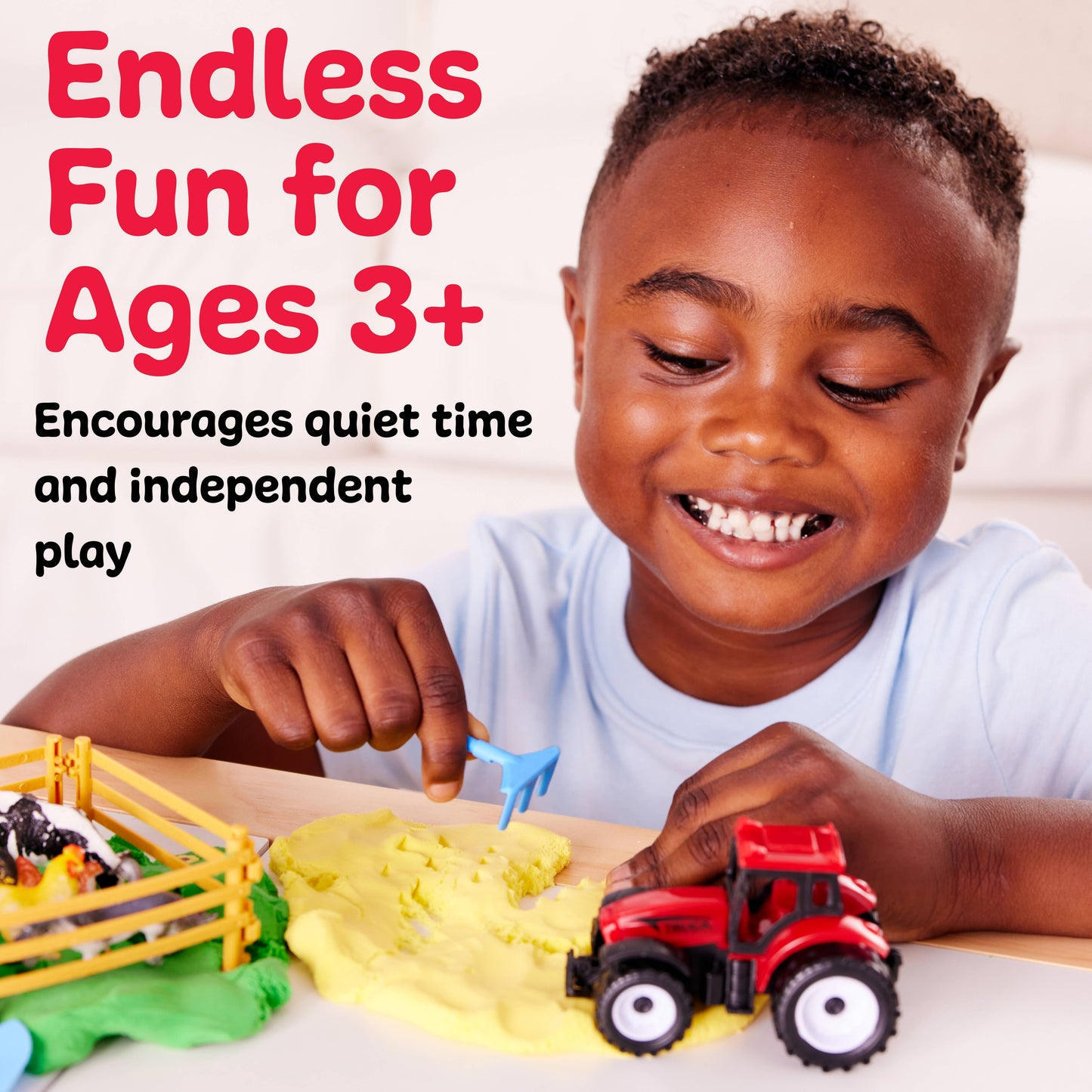 Child playing with play dough and a toy tractor, with text about endless fun for ages 3+.