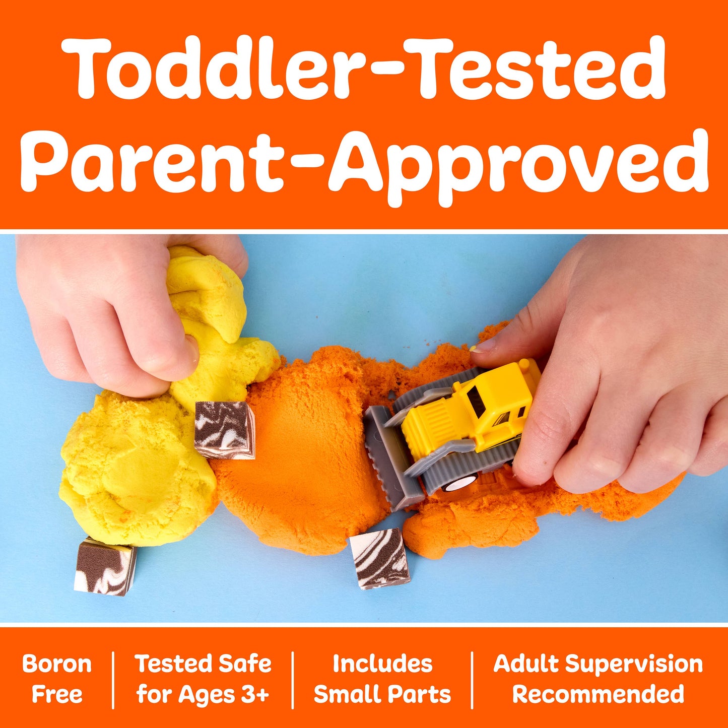 Children playing with a toy on a blue background, with text about product safety and features.